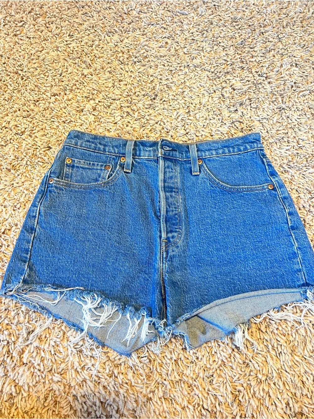 Levi's Blue 501 High-Rise Frayed Hem Denim Shorts